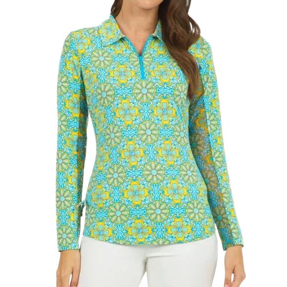 IBKUL Scarlet Turquoise Floral Print Quarter Zip Long Sleeve Top - Picture 2 of 12